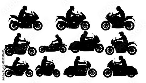 Silhouettes of motorcycles with riders in varied styles, sport bike, touring, cruiser designs, dynamic riding postures, creative transportation concept art