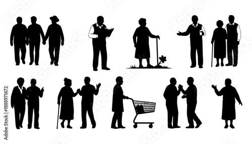 A vector collection of black silhouettes featuring elderly people, senior couples, and individuals in various daily life poses and activities.
