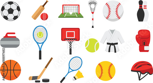 Collection of colorful sports equipment icons including balls, rackets, goals, helmets, gloves, and various athletic gear