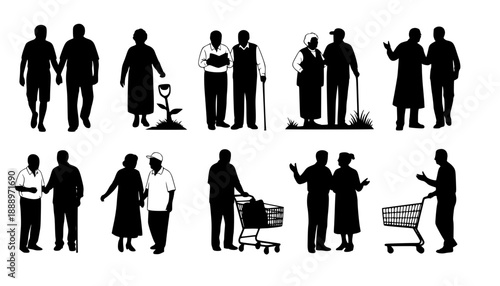A vector collection of black silhouettes featuring elderly people, senior couples, and individuals in various daily life poses and activities.
