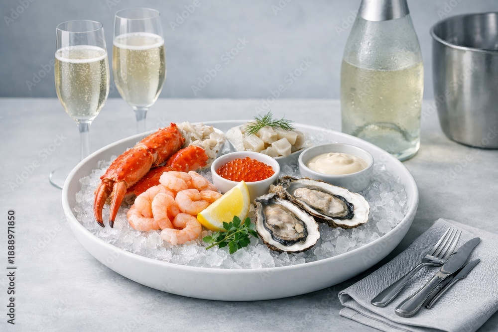 Fototapeta premium Generous selection of lobster, prawns, oysters, roe and sauces beautifully arranged on crushed ice with lemon and champagne, ideal for celebratory menus and promotions.