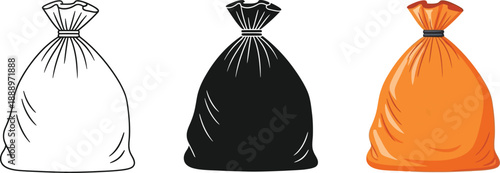 Collection of trash bag icons in outline black and orange colors representing waste management and disposal concepts for design