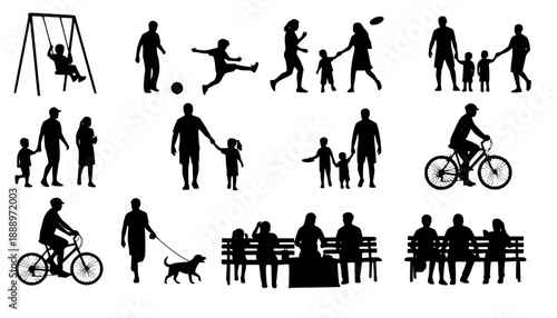 People different ages doing outdoors activities with various poses in public park vector silhouettes. People all ages playing in park family bonding leisure time black silhouette set 