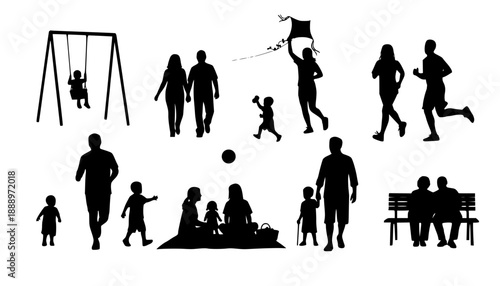 People different ages doing outdoors activities with various poses in public park vector silhouettes. People all ages playing in park family bonding leisure time black silhouette set 