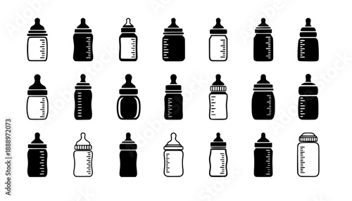 Baby bottle icons set black and white illustrations.
