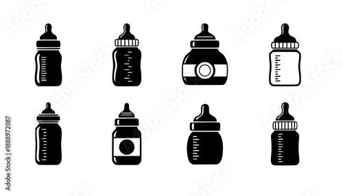 Baby bottle icons set black and white illustrations.

