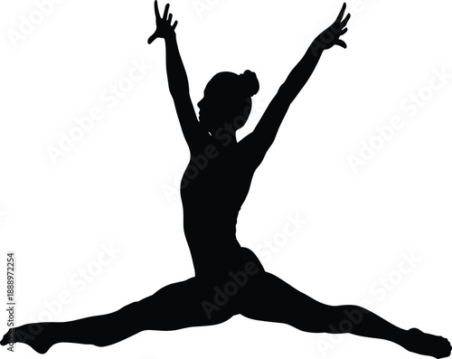 Gymnast Silhouette Performing Athletic Mid Air Split Jump, Female Acrobat Leaping, Rhythmic Gymnastics Sport Graphic, CAD Drawing Flat Vector Illustration