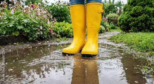 Stivali di gomma gialli in una pozzanghera d'acqua in giardino. Generative AI