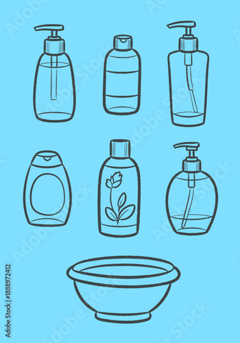 Vector graphic of hand-drawn outline bottles with pump dispensers, flip-caps and a bowl, suitable for various hygiene and beauty product concepts