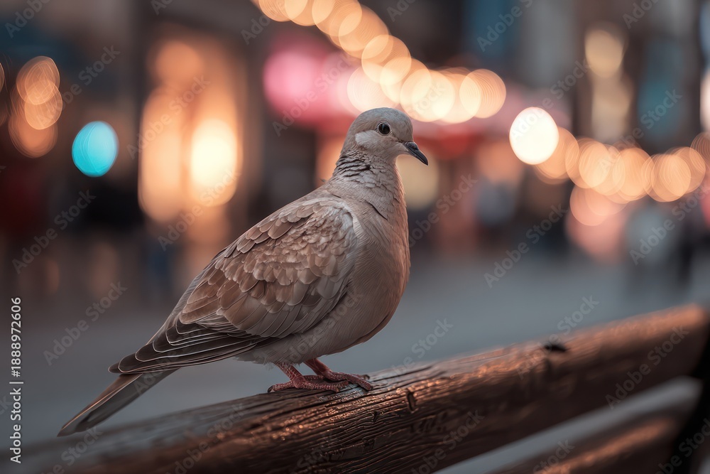 Fototapeta premium White bird on city bench with bokeh