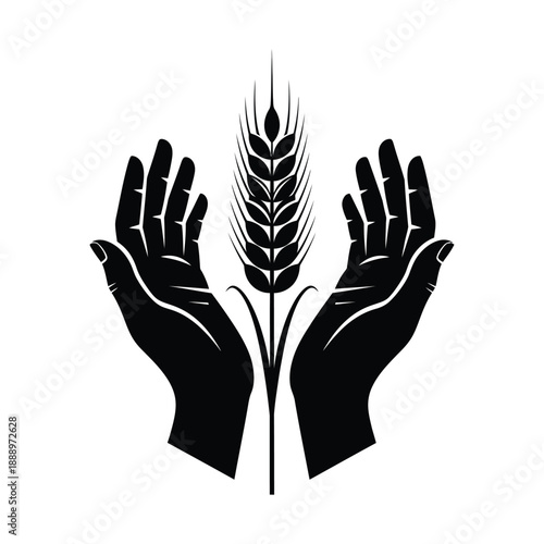 Vector illustration icon black silhouette of hands holding a wheat stalk