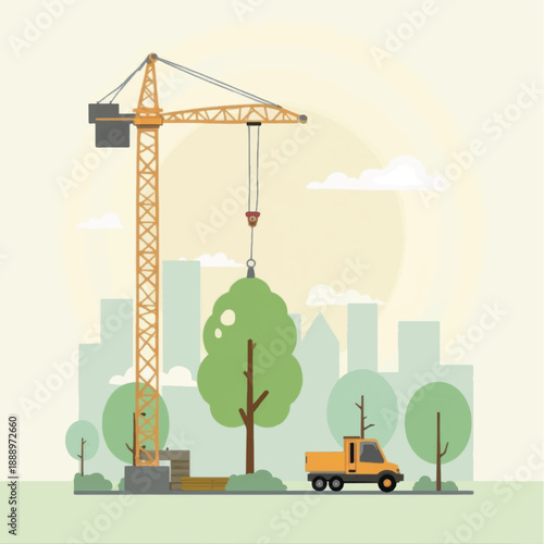 Construction site with crane and trees being lifted