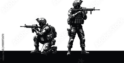 Two military soldiers silhouette in tactical gear aiming rifles, one kneeling and one standing, black and white vector illustration.