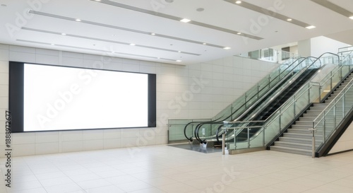 Modern indoor theater with large screen and stairs