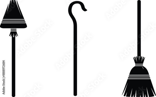 Witch Broom and Shepherd's Crook Silhouette Collection, Cleaning Tool and Staff Graphic, CAD Drawing Flat Vector Illustration Design Element, Black