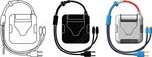 Set of three vector illustrations of a portable power bank with cables and plugs in outline silhouette and realistic styles for technology concepts