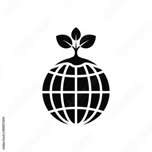 Vector illustration icon black and white illustration of a globe with a sprouting plant on top