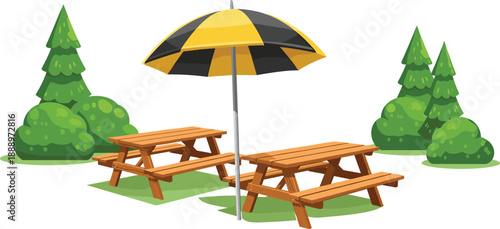 Two wooden picnic tables under a yellow and black striped umbrella in a green park with pine trees and bushes vector illustration
