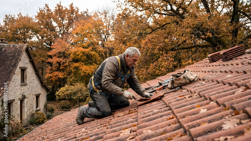 Wallpaper Mural Scenic Medium Shot of Senior Man Repairing Tile Roof with Autumn Foliage Torontodigital.ca