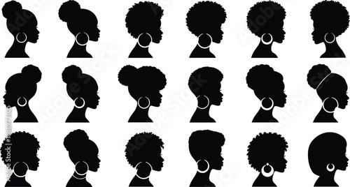Vector Illustration Set of African American Woman Silhouettes with Afro Hairstyles and Hoop Earrings for Beauty and Fashion Design, Isolated