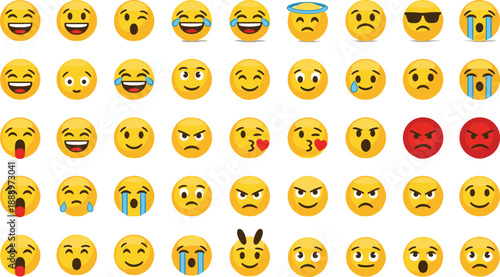 Collection of colorful emoji faces showing different emotions, moods, reactions, and facial expressions in modern flat vector style