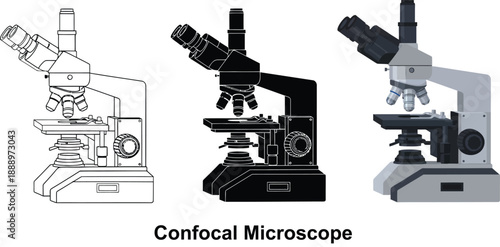 Confocal microscope illustrations in outline silhouette and realistic styles representing scientific research and laboratory equipment