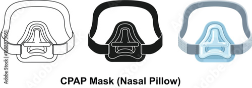 Collection of CPAP nasal pillow mask icons representing sleep apnea treatment devices in line art solid black and blue vector styles for medical illustration