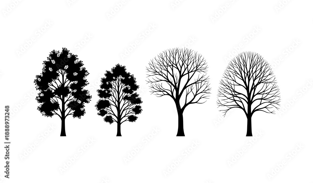 Fototapeta premium Four tree silhouettes showing seasonal growth stages black vector illustration