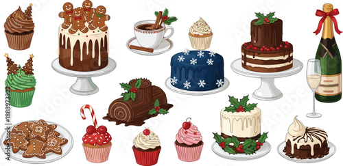 Set of Christmas Desserts and Holiday Treats Featuring Chocolate Cakes Gingerbread Cookies Cupcakes Yule Log Coffee and Champagne in Festive Vector Illustration Style