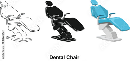 Collection of dental chair illustrations in outline silhouette and color representing modern dental equipment for clinics and healthcare concepts
