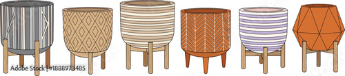 Set of Six Decorative Ceramic Flower Pots on Wooden Stands Featuring Various Geometric Patterns Striped Designs and Bohemian Textures in Flat Vector Style