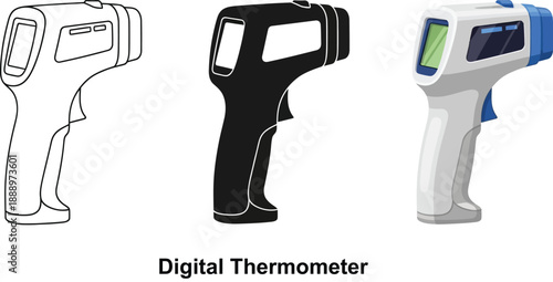 Collection of digital infrared thermometers in outline silhouette and full color vector illustration representing temperature measurement and health screening