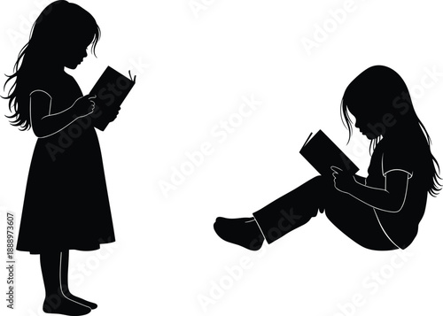Little Girl Reading Book Silhouette Collection, Standing and Sitting Child Learner, Flat Vector Illustration for Education and Literacy Design