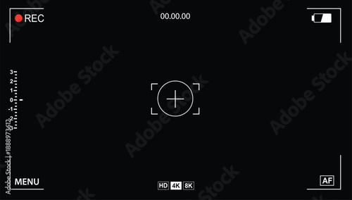 4k 8k video Camera viewfinder recording interface on a black background with focus reticle, REC indicator, timecode, resolution icons, and UI elements.