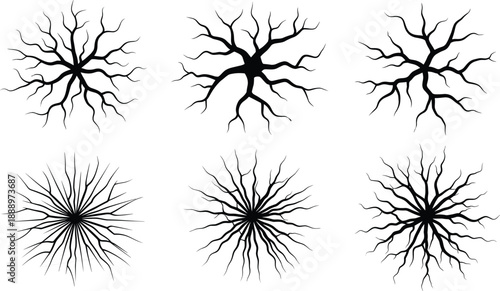 Vector Illustration Set of Ground Cracks and Lightning Silhouettes with Black Veins for Damage Texture Design, Isolated on White Background