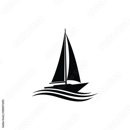 Vector illustration icon black silhouette of a sailboat on water with sail up and moving smoothly