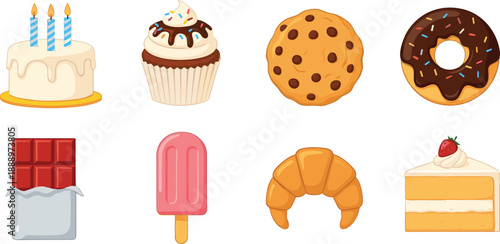 Assorted sweet desserts and pastries icons including cake, cupcake, donut, chocolate bar, croissant, and ice cream