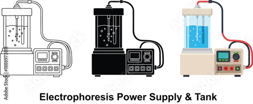 Set of electrophoresis power supply and tank illustrations scientific equipment for DNA analysis vector graphics for research and education