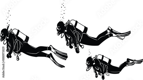 Vector Illustration Set of Scuba Diver Silhouettes Swimming Underwater with Snorkeling Gear and Oxygen Tanks for Deep Sea Diving Design