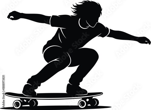 Skateboarder Riding Longboard Silhouette, Male Skater Performing Trick in Motion, Action Sports Flat Vector Illustration for Urban Youth Culture Design