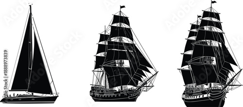 Sailing Ship Silhouette Collection, Modern Yacht and Vintage Galleon Tall Ships, Marine Flat Vector Illustration for Nautical and Ocean Design