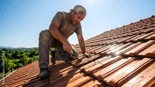 Wallpaper Mural Authentic Man Installing Clay Tile Roofing System with Tools at Height Torontodigital.ca