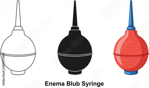 Enema bulb syringe icons in outline silhouette and color representing medical equipment for cleansing and hygiene isolated on white background