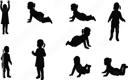 Toddler and Little Girl Silhouette Collection, Children Playing Crawling and Standing Poses, Kids Activity Graphic, CAD Drawing Flat Vector Illustration