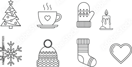 Christmas line icons set featuring tree cup mittens candle snowflake hat sock heart vector illustration isolated outline design