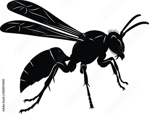 Wasp Insect Silhouette Side View, Flying Hornet or Yellow Jacket Detail, Flat Vector Illustration for Pest Control and Nature Design