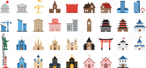 Collection of world architecture icons featuring landmarks, houses, temples, churches, castles, skyscrapers, and construction buildings