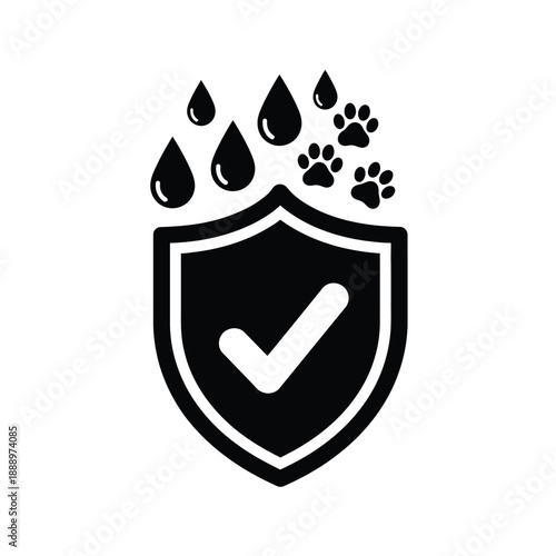 Vector illustration icon black shield icon with checkmark and pet paw prints and water droplets on for protection and safety concept