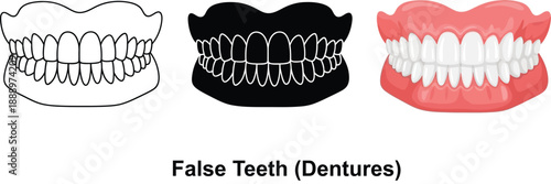 Collection of false teeth or dentures including outline silhouette and realistic styles representing dental care and prosthetics