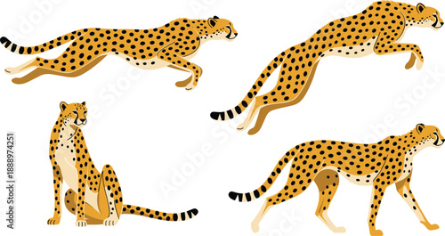 Vector set of cheetah cartoon characters in various poses including running, jumping, sitting, and walking, cad drawing flat vector illustration, isolated.